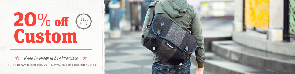 20% off All Custom Timbuk2 Messenger Bags and Custom Backpacks. Made in San Francisco.